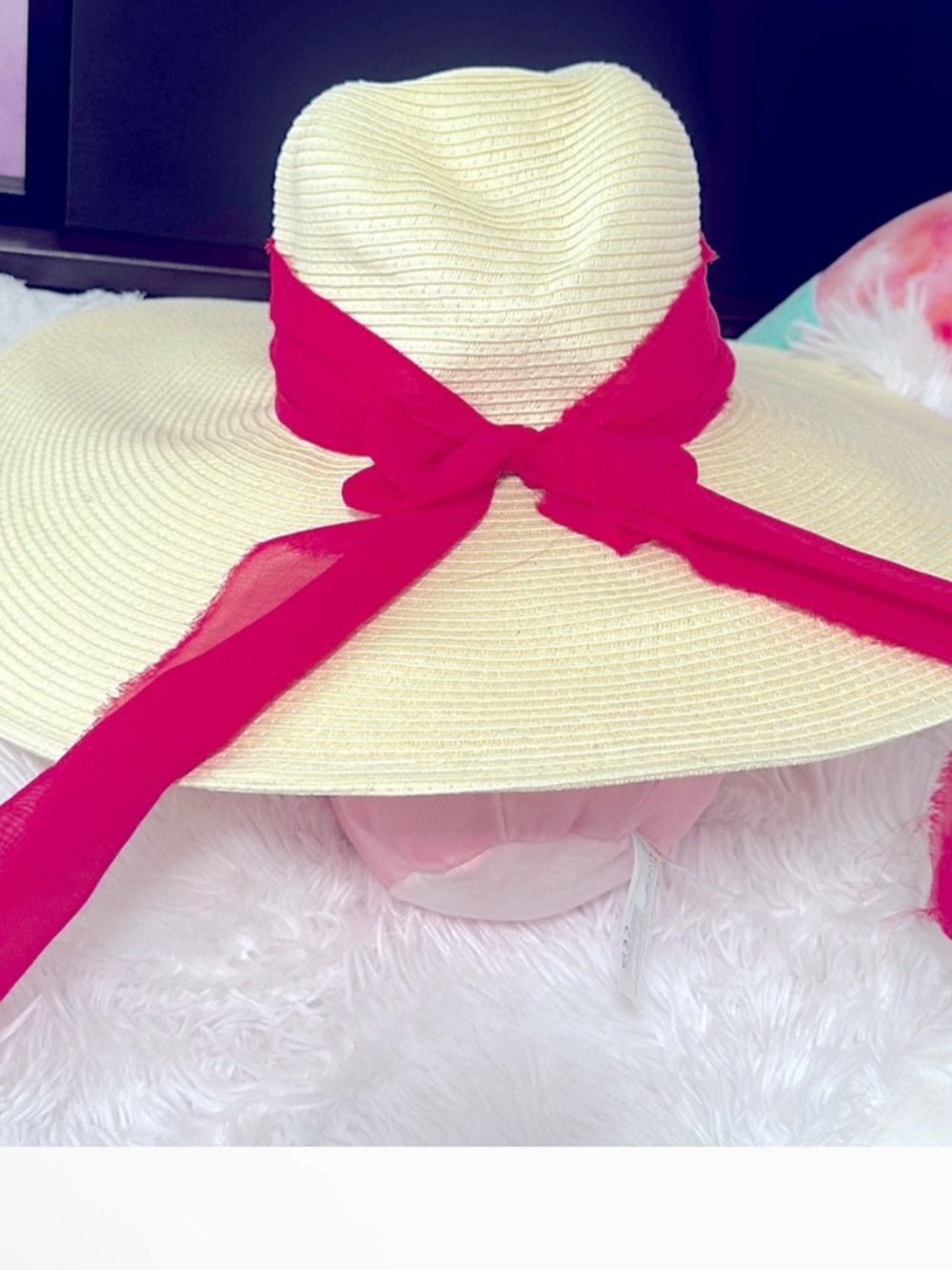 🆕 Porto Marino Straw Sun Hat with Hot Pink Ribbon -